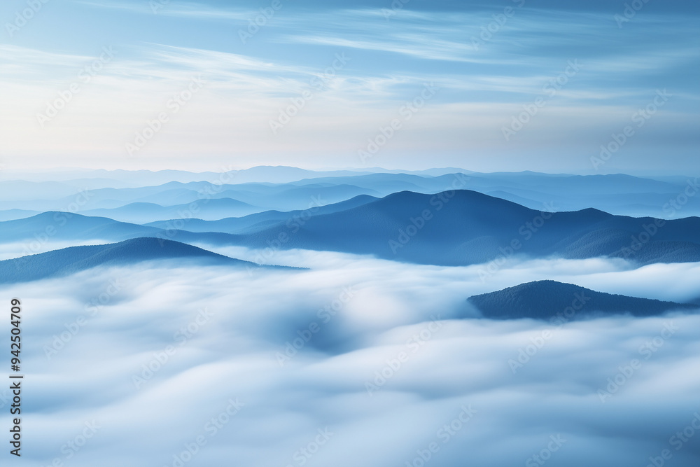 Fototapeta premium A serene, high-altitude landscape where a range of mountains appear to float above a dense sea of clouds, with the scene bathed in the cool, blue light of early morning. 