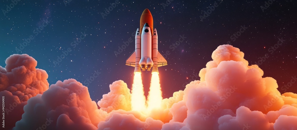 Naklejka premium 3D cartoon rendering of a new spaceship shuttle successfully lifting off into the starry sky with blasts and puffs of smoke Space mission and rocket launch