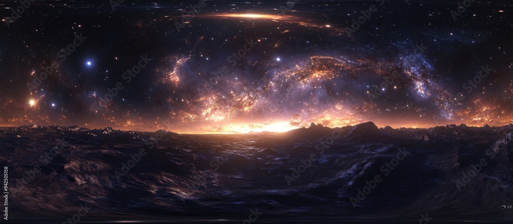360 degree stellar system and glowing nebula in a 3D cartoon rendering Equirectangular projection spherical panorama HDRI map 360 degree stellar system and glowing nebula in a 3D cartoon rendering Equirectangular projection spherical panorama HDRI map
