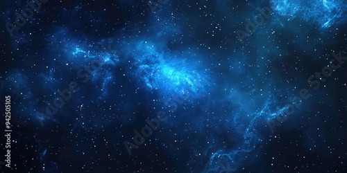 Fototapeta Naklejka Na Ścianę i Meble -  Bright stars in a deep space are depicted in a 3D cartoon rendering featuring a blue cold nebula and a dark night sky within dark interstellar space 2D illustration