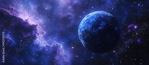 3D illustration of a blue planet surrounded by glowing stars and nebulae abstract space scene 3D rendering background