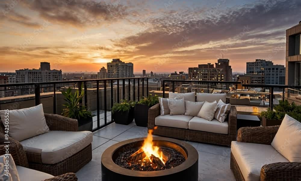 An aerial comfortable rooftop longue area evening view