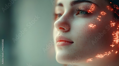 Closeup of a woman's face with glowing red dots.