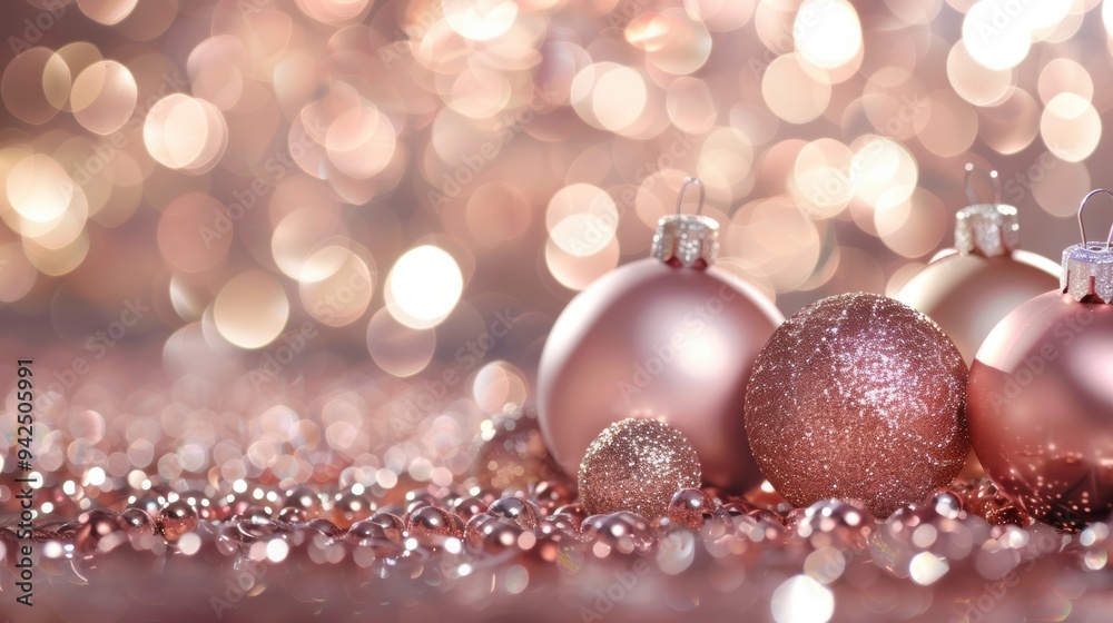 Rose gold Christmas ornaments with glitter on a sparkling background, creating a festive and glamorous holiday scene. Rose gold Christmas ornaments with glitter on a sparkling background, creating a festive and glamorous holiday scene.