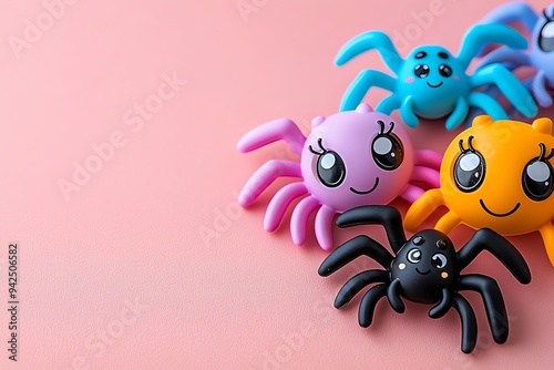 Colorful cute spider toys on a pastel pink background, perfect for children's playtime and decorative purposes. photo