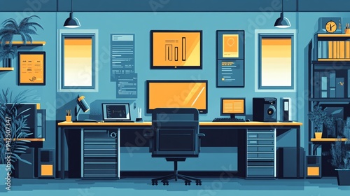 Modern Telecom Office Setup with Computers, Phones, and Communication Devices for Business Communication - Illustration with Copy Space