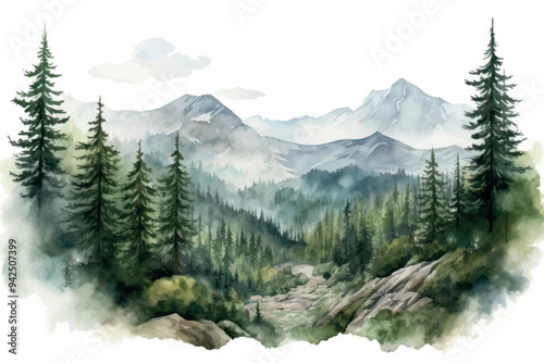 Serene watercolor mountain forest landscape