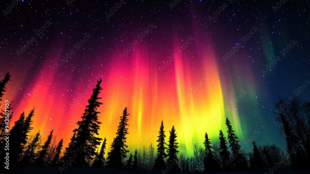 Fototapeta premium Northern Lights Display Over Silhouetted Forest