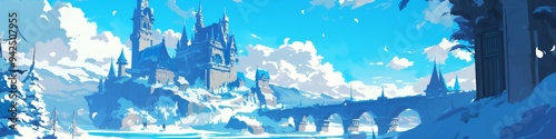 Enchanting Fairy Tale Castle in Winter Wonderland: Anime-Style Illustration for Magical Marketing Campaigns, Seasonal Promotions, and Dreamy Web Designs - Elegant Abstract Background with Copy Space