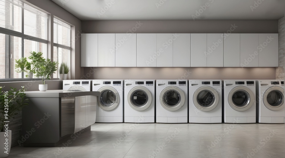 Row of Modern White Washing Machines in a Laundry Room Row of Modern White Washing Machines in a Laundry Room