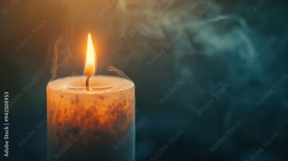 Close-up of a lit candle with a soft flame and subtle smoke rising, evoking warmth, serenity, and tranquility. Close-up of a lit candle with a soft flame and subtle smoke rising, evoking warmth, serenity, and tranquility.