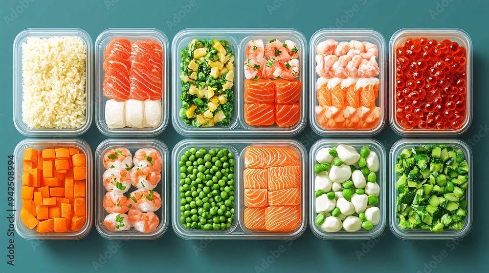 Efficient Meal Prep: Flat Graphic Illustration of Pre-Portioned Weekly Meals in Clear Containers with Copy Space Efficient Meal Prep: Flat Graphic Illustration of Pre-Portioned Weekly Meals in Clear Containers with Copy Space