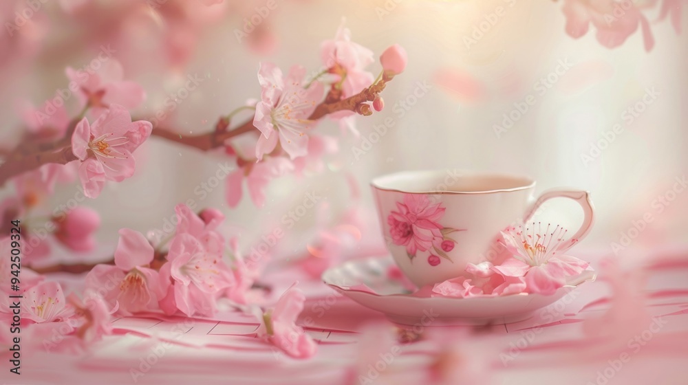 Delicate tea cup surrounded by cherry blossoms, creating a serene and elegant tea time setting with a soft, pastel aesthetic. Delicate tea cup surrounded by cherry blossoms, creating a serene and elegant tea time setting with a soft, pastel aesthetic.