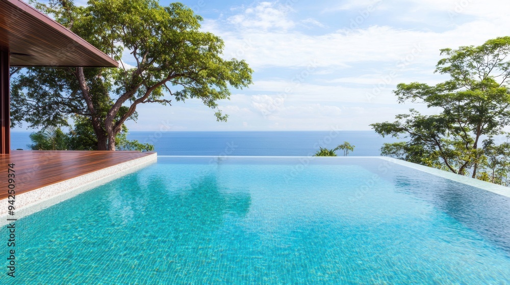 Modern infinity pool with clear blue water and stunning ocean view, surrounded by lush greenery and wooden deck. Modern infinity pool with clear blue water and stunning ocean view, surrounded by lush greenery and wooden deck.
