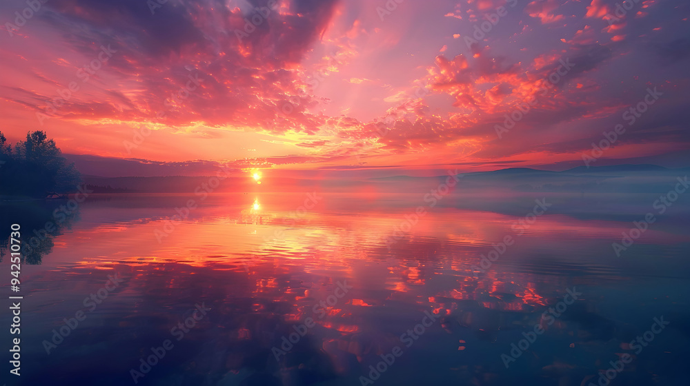 Panorama of beautiful sunrise over lake Panorama of beautiful sunrise over lake