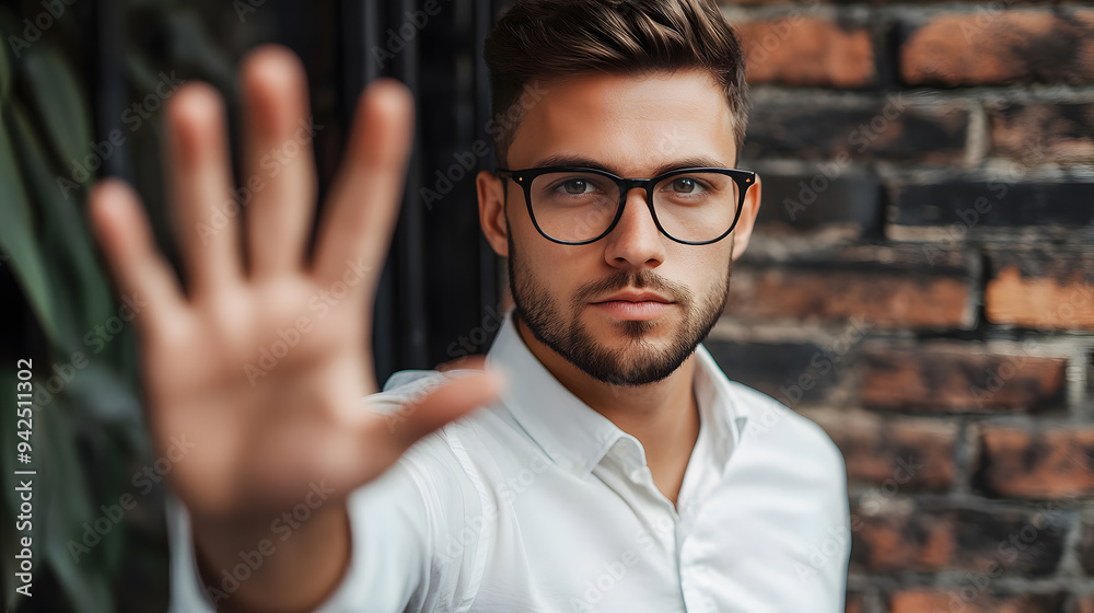 Obraz premium Bearded man wearing glasses and a white shirt makes a gesture of prohibition