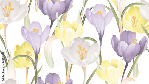 Floral seamless pattern, colorful crocus flowers on white background