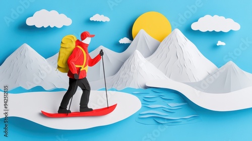 Paper cutout art featuring a hiker with a backpack walking through a snowy mountain landscape under a bright sun, showcasing adventure.