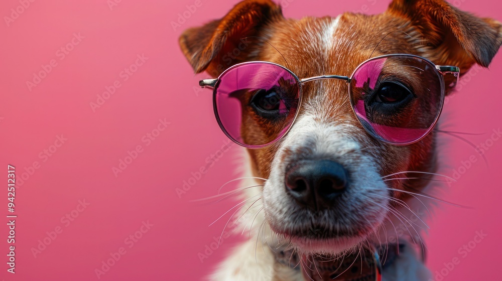 Amusing canine in heart-shaped glasses on pink backdrop Amusing canine in heart-shaped glasses on pink backdrop