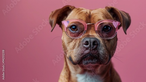 Amusing canine in heart-shaped glasses on pink backdrop