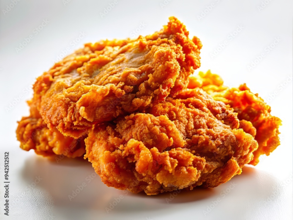 bold high-key fried pork composition on bright white surface with deliberately overexposed lighting and abstract shapes