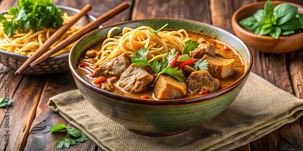 Rich, earthy tones and warm lighting evoke a sense of comfort food, as a generous helping of pork curry noodles fills a ceramic bowl, garnished with fresh herbs and crunchy noodles Rich, earthy tones and warm lighting evoke a sense of comfort food, as a generous helping of pork curry noodles fills a ceramic bowl, garnished with fresh herbs and crunchy noodles