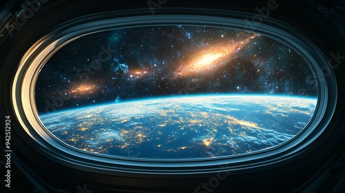 Beyond the Stars - Flat Graphic Illustration of Space Exploration with Nebula, Galaxies, and Copy Space Viewed from Spacecraft Window