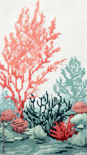 Vibrant coral reef embroidery art