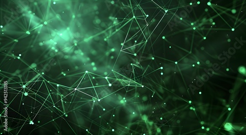 Abstract green background with glowing dots and lines in the form of an intricate network or web, symbolizing technology, communication, data transfer,