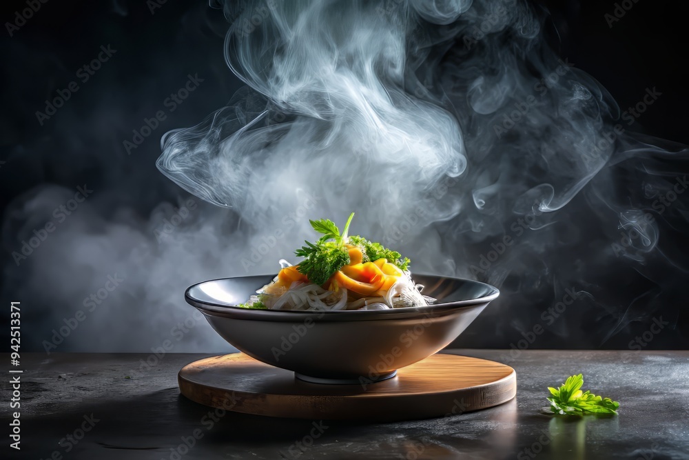 Dramatic low-key lighting on a solitary Khanom Chin Nam Ya dish on a dark stone table with misty fog rolling in the background. Dramatic low-key lighting on a solitary Khanom Chin Nam Ya dish on a dark stone table with misty fog rolling in the background.