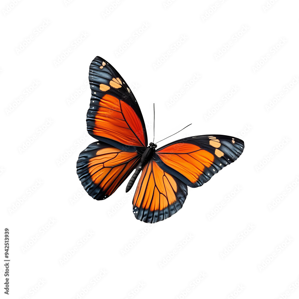 A vibrant orange butterfly with black and white markings, wings spread in flight, against a black background. A vibrant orange butterfly with black and white markings, wings spread in flight, against a black background.