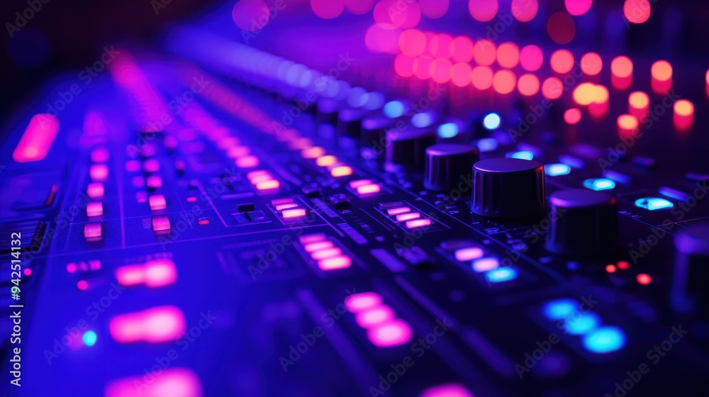 Abstract close-up of DJ controller knobs and sliders, reflecting colorful light patterns