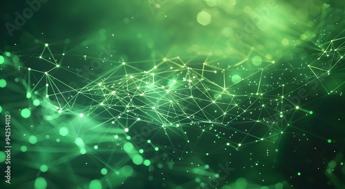 Abstract green background with glowing dots and lines in the form of an intricate network or web, symbolizing technology, communication, data transfer,