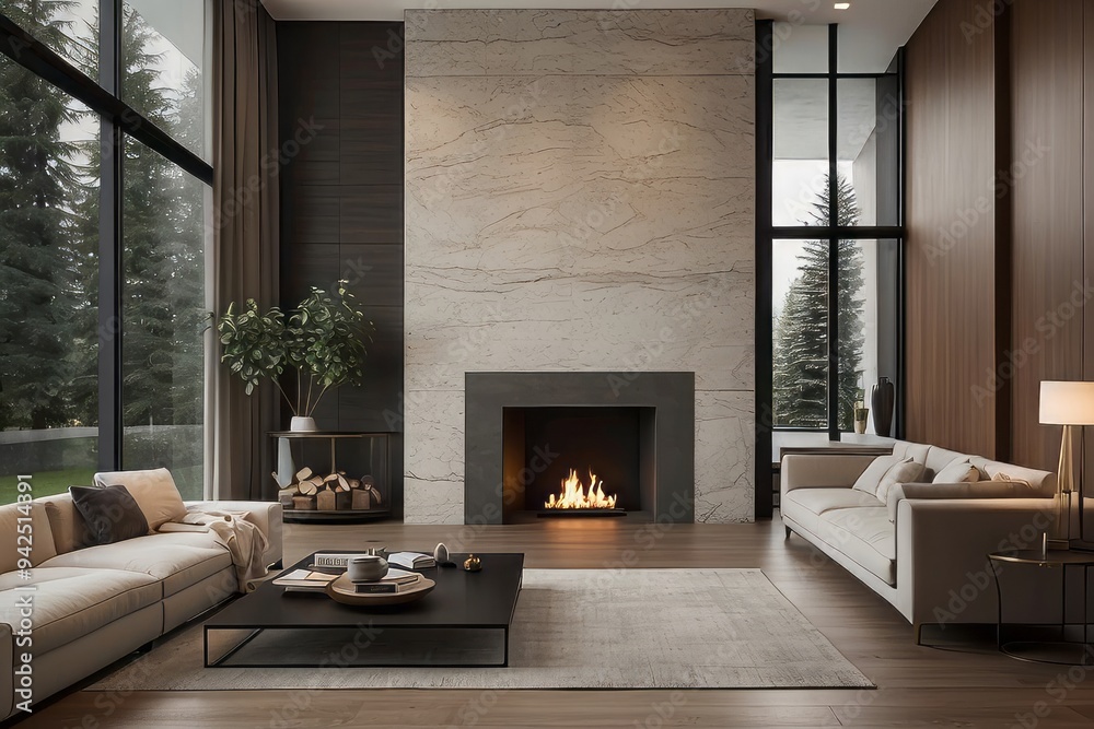 Modern living room with fireplace, large windows, and white sofas. Modern living room with fireplace, large windows, and white sofas.