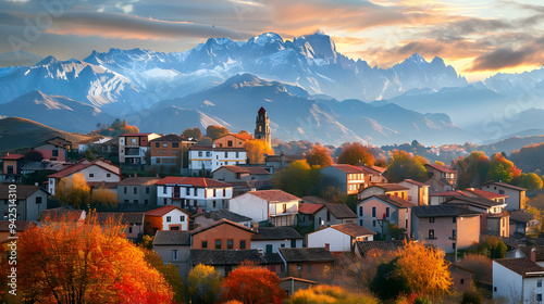 Wallpaper Mural Riano cityscape at sunset with mountain range landscape during Autumn in Picos de Europa National Park, Leon, Torontodigital.ca