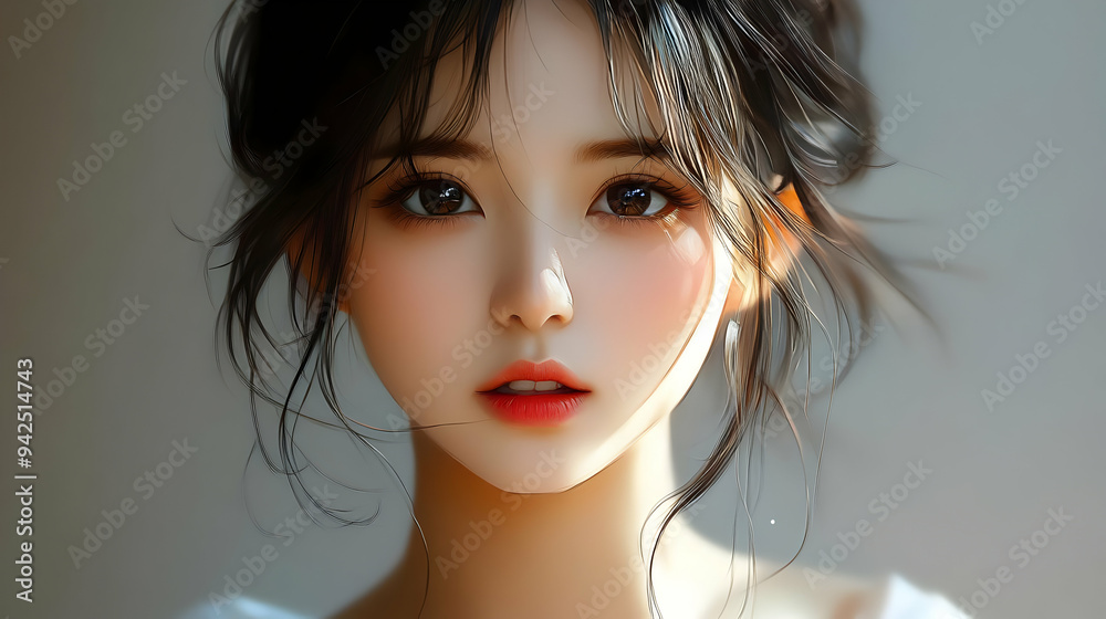 Close-up portrait of a beautiful young woman with long black hair and brown eyes, looking at the camera. Close-up portrait of a beautiful young woman with long black hair and brown eyes, looking at the camera.