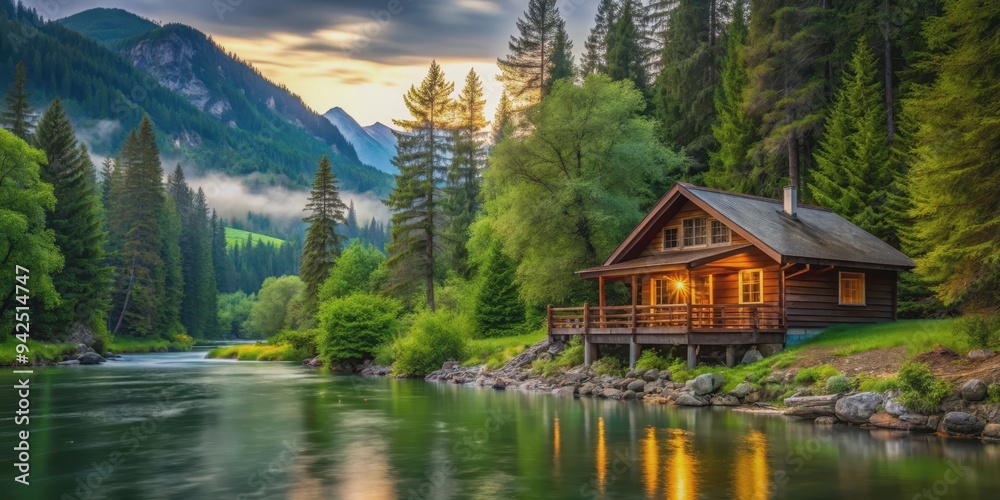 Fototapeta premium Tranquil cabin retreat by a riverside in lush forest mountains , cabin, retreat, riverside, tranquil, lush, forest