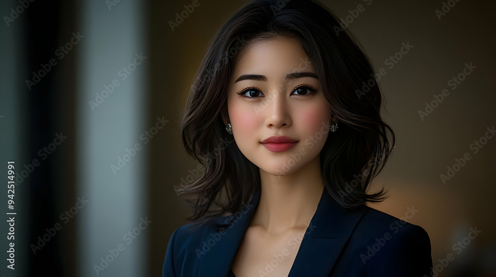 Close-up portrait of a beautiful young woman with long black hair wearing a navy blue blazer, looking at the camera. Close-up portrait of a beautiful young woman with long black hair wearing a navy blue blazer, looking at the camera.