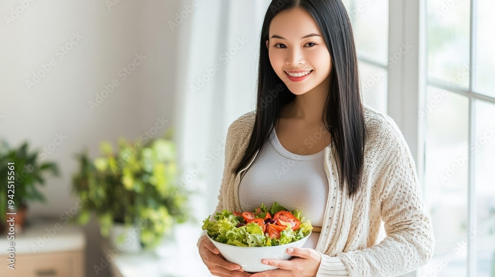 A serene woman with long black hair holds a fresh salad bowl in a bright, minimalist room, embracing a healthy lifestyle. A serene woman with long black hair holds a fresh salad bowl in a bright, minimalist room, embracing a healthy lifestyle.
