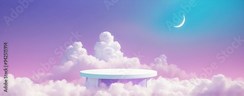Round podium in color mist clouds.3d realistic  cylinder shape platform against a heavenly sky background, beauty product presentation studio design, dreamy pastel cosmetic banner