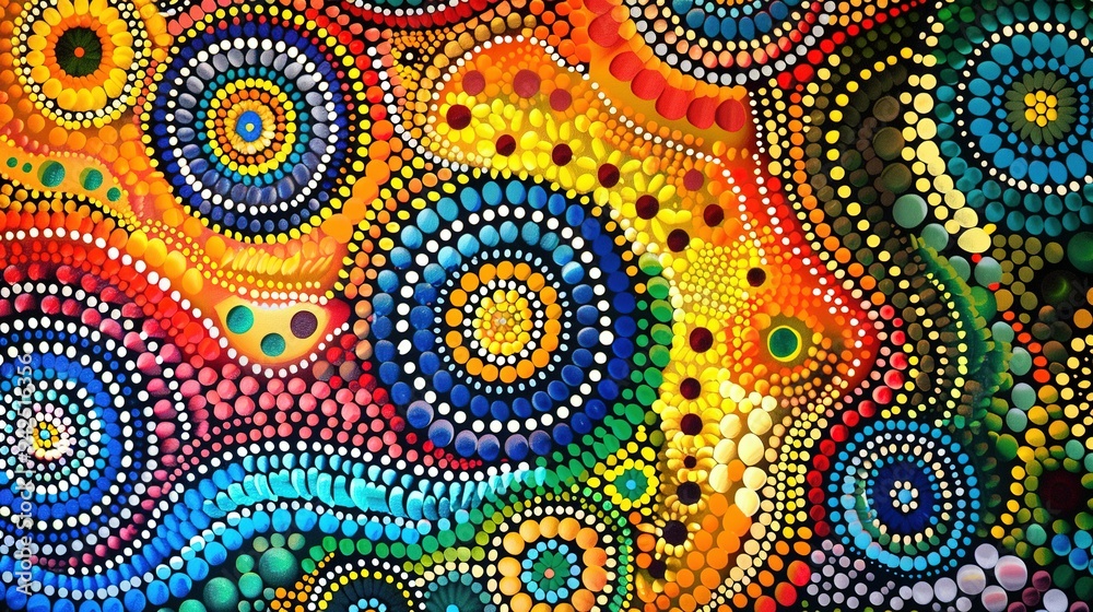 Bright and Vibrant Dot Painting in Traditional Australian Aboriginal Style Bright and Vibrant Dot Painting in Traditional Australian Aboriginal Style