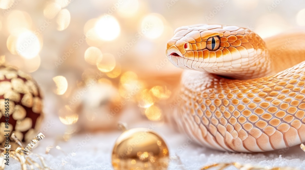 Close-up of a vibrant orange and white snake resting amidst glittering Christmas ornaments, surrounded by warm, golden holiday lights. Festive decor, exotic beauty. Close-up of a vibrant orange and white snake resting amidst glittering Christmas ornaments, surrounded by warm, golden holiday lights. Festive decor, exotic beauty.