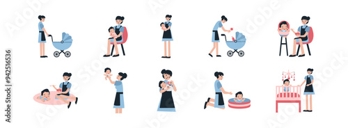 Babysitter  flat illustration set. Include of woman, kid, family, mother, little, happy, babysitter, and childhood. Vector illustration isolated transparent background