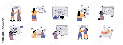 Customer Relationship Management flat illustration set. Include of service, management, marketing, business, and relationship. Vector illustration isolated transparent background