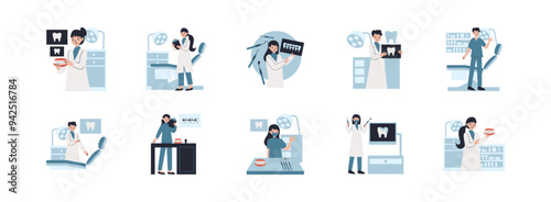 Dentist Character flat illustration set. Include of dentist, clinic, health, treatment, and orthodontist. Vector illustration isolated transparent background