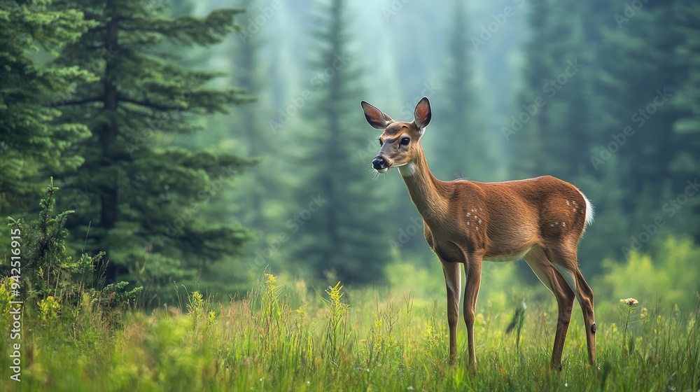 A deer stands in a grassy field with tall trees in the background. The deer looks around as it grazes on the grass, surrounded by a natural landscape A deer stands in a grassy field with tall trees in the background. The deer looks around as it grazes on the grass, surrounded by a natural landscape