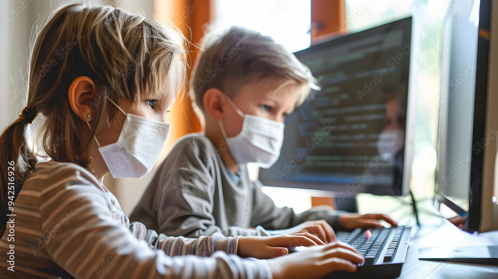 Small girl and boy using computer indoors at home. Corona virus and quarantine concept. Small girl and boy using computer indoors at home. Corona virus and quarantine concept.