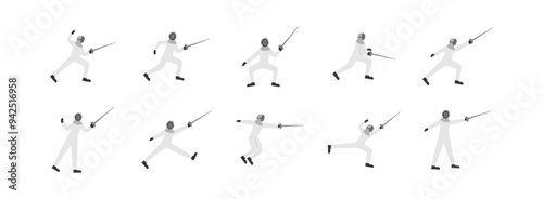 Fencing flat illustration set. Include of fencing, sport, competition, game, and combat. Vector illustration isolated transparent background