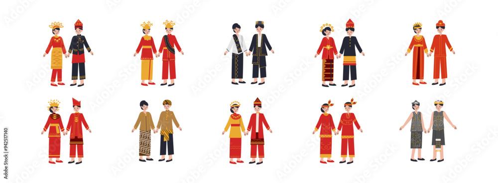 Indonesian traditional culture flat illustration set. Include of culture, traditional, indonesian, and fashion. Vector illustration isolated transparent background Indonesian traditional culture flat illustration set. Include of culture, traditional, indonesian, and fashion. Vector illustration isolated transparent background