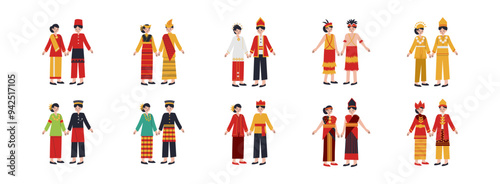 Indonesian Traditional Couple flat illustration set. Include of fashion, woman, ethnic, and traditional dress. Vector illustration isolated transparent background